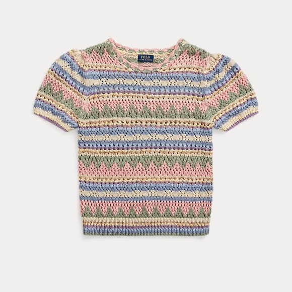 Polo Ralph Lauren Pointelle Striped Puff Sleeve Crochet Spring Sweater - Picture 3 of 8